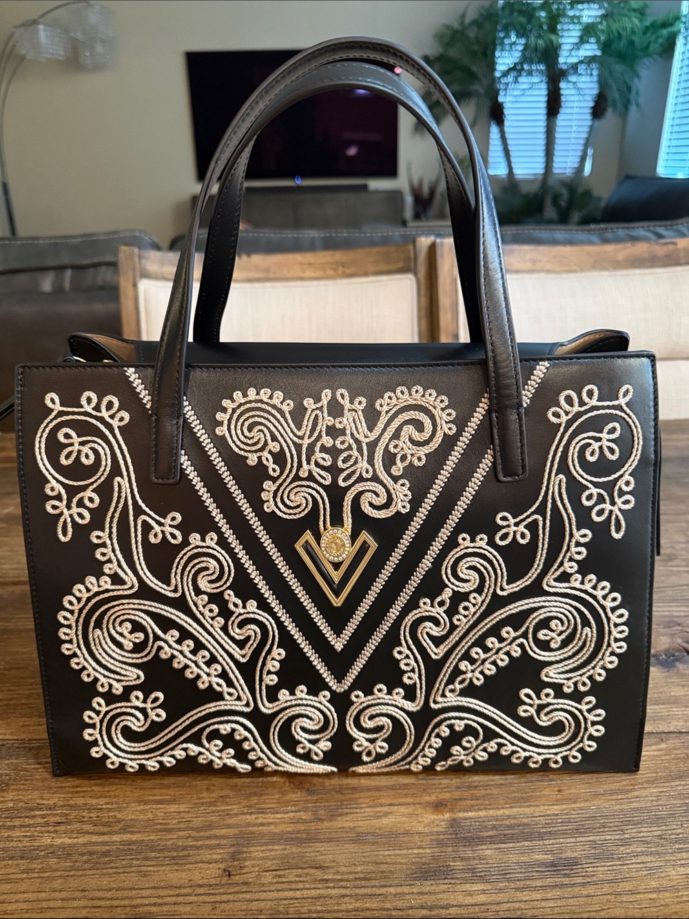 Valentino Orlandi Black Tote with Cream Embroidery and Gold V Detail.  Rare find